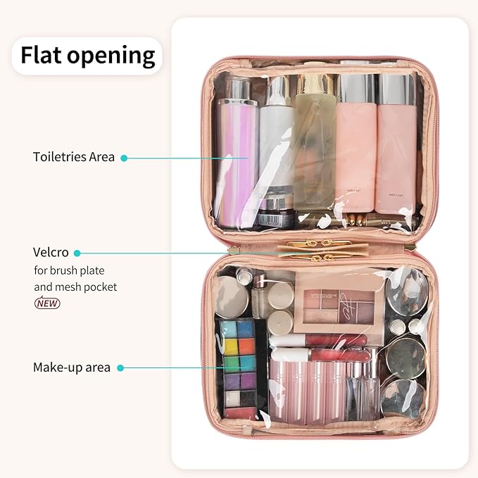 OCHEAL Makeup Bag, Makeup Travel Bag Large Capacity Waterproof Cosmetic Organizer Bag with Makeup Brush Compartment & Handle for Women Girls Travel Toiletry Accessories-Pink