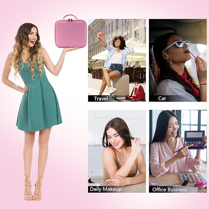 Travel Makeup Bag with LED Mirror Travel Makeup Organizer with 3 Lighted Settings, Adjustable Dividers and Makeup Brush Storage Bag Dark Pink