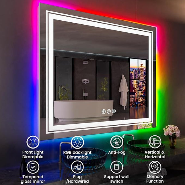 LED Mirror for Bathroom, 72"X32" with 8 RGB Backlit +3 Front Lit (Adjustable Individually), Anti-Fog, Large Lighted Bathroom Vanity Mirror for Wall,Shatterproof,Memory Function,Tempered Glass