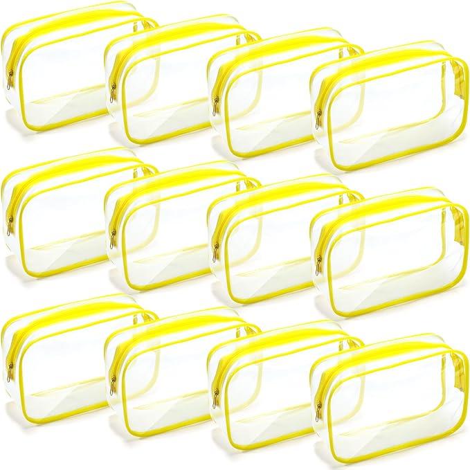 Weewooday 12 Pieces Clear Makeup Bags Cosmetic Storage Bags PVC Zipper Pouches Travel Waterproof Makeup Plastic Case for Women Organizing Toiletries Traveling Bathroom(Medium,Yellow)