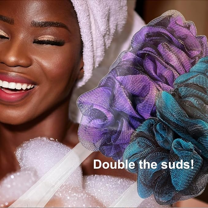 SHOWER BOUQUET Loofah-Charcoal Back-Scrubber Color-2-Pack // Long-Handle-Loofa-Lufa Bath-Sponge Brush/Extra Large Soft Mesh for Men & Women - Exfoliate with Full Pure Cleanse in Bathing Accessories