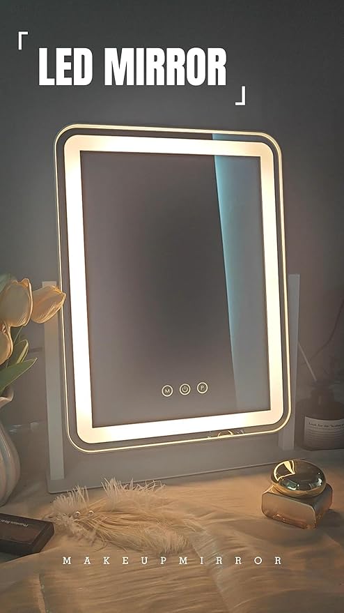 FENNIO Makeup Mirror with Lights 17"x13" ，Desk Mirror，Vanity Mirror with Lights, Touch Screen with 3-Color Lighting, Dimmable, Vanity Mirror for Vanity Desk Tabletop