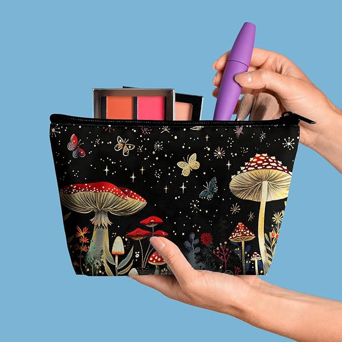 Mushrooms Makeup Bag Cosmetic Bag for Women,1Pcs Large Capacity Makeup Bags and 1Pcs Pencil Case Makeup Brushes Storage Bag Travel Toiletry Bag Organizer