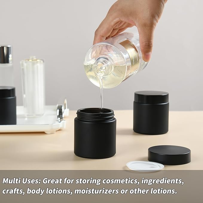 4 oz Reusable Black Glass Container Jars 24 Pack with Wide-mouth Leak Proof Cap and Inner Pull-On Lid for Travel Storage Makeup, Face Creams, Body Lotions, DIY Crafts or Others