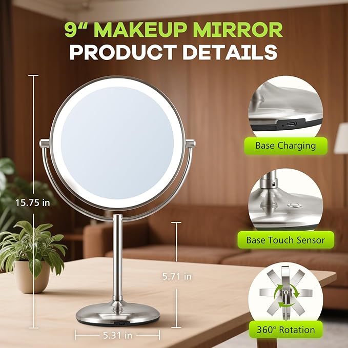 M MIVONDA Makeup Mirror with Lights, Lighted Makeup Mirror with 1X/10X Magnifications, 9 Inch Double Sided Light up Mirror with 360° Rotation