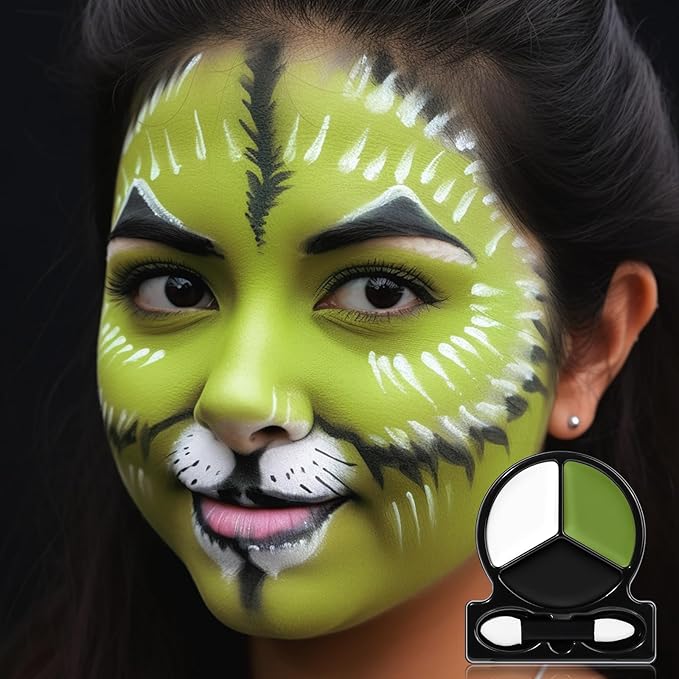 Black White Ogre Green Face Body Paint with Applicator, Oil Based Face Painting Kit for Halloween Green Monster, Frankenstein, Alien, Evil Creature Makeup, SFX Cosplay, Costume Parties, Dress Up