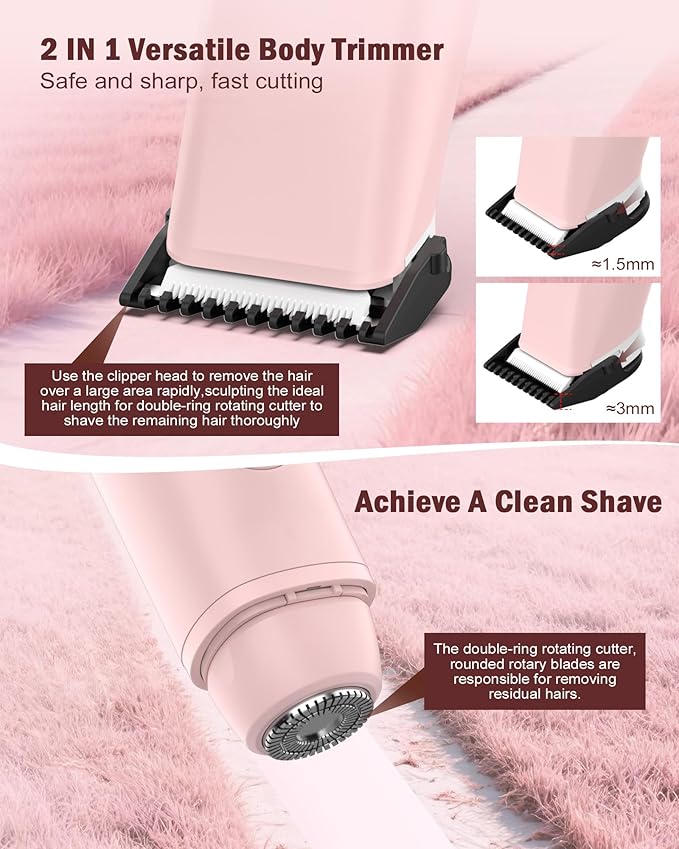 2 in 1 Women Electric Shaver - Dual Head Bikini Trimmer for Women Waterproof Wet & Dry Use Body Hair Trimmer and Facial Hair Remover, Painless Razors for Bikini Underarm Leg Arm Body Face, Pink