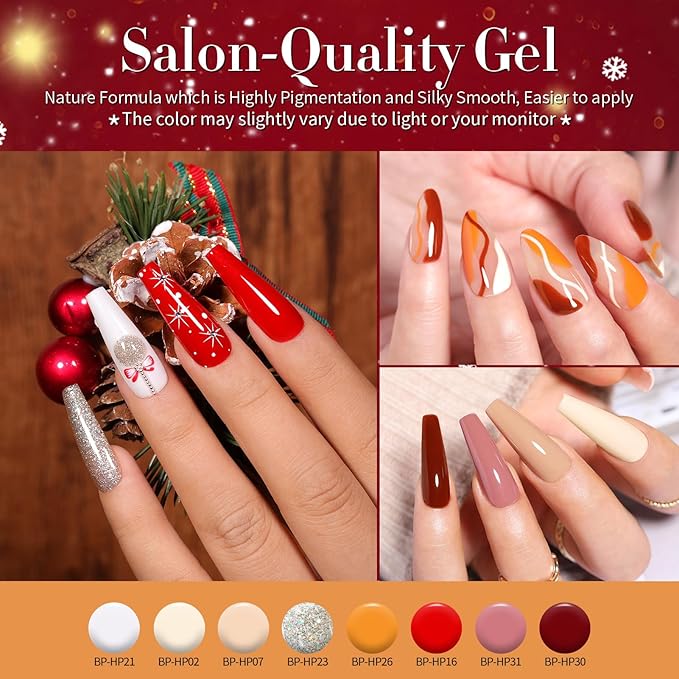 Born Pretty Gel Nail Polish Set,33PCS Fall Winter Burgundy Red Green Orange Brown Pumpkin Glitter Gel Polish Kit with Base Glossy Matte Top Coat Halloween Christmas Gifts for Salon DIY