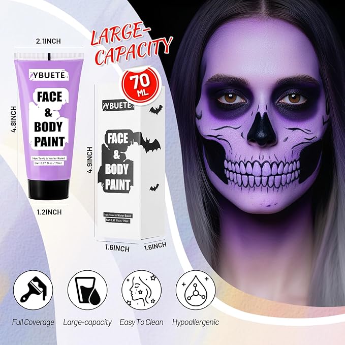 Light Purple Water Based Face Body Paint, 2.37 OZ Large Tube Full Coverage Face Paint for Ursula Cosplay Makeup,Washable Light Purple Body Painting for Adult Costume Party Halloween SFX Makeup