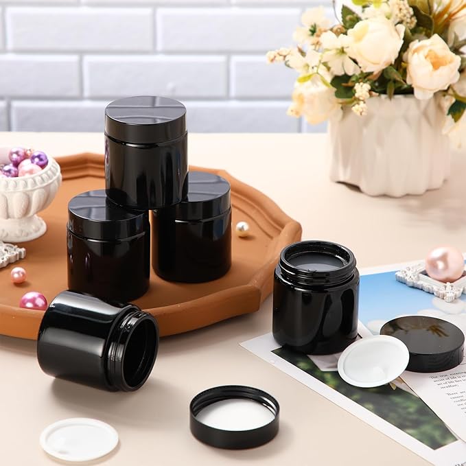 Norme 64 Pcs 4 oz Glass Jars with Lids Leakproof Round Airtight Empty Cosmetic Jars with Inner Liners Lid for Storing Lotions Powder Ointments Candle Making Tins (Black)