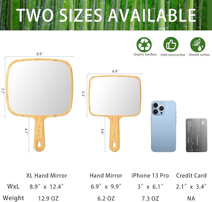 YEAKE Hand Mirror,Extra Large Natural Bamboo Handheld Mirror with Handle, Single-Sided Portable Travel Vanity Mirror for Men & Women,8.9" W x 12.4" L