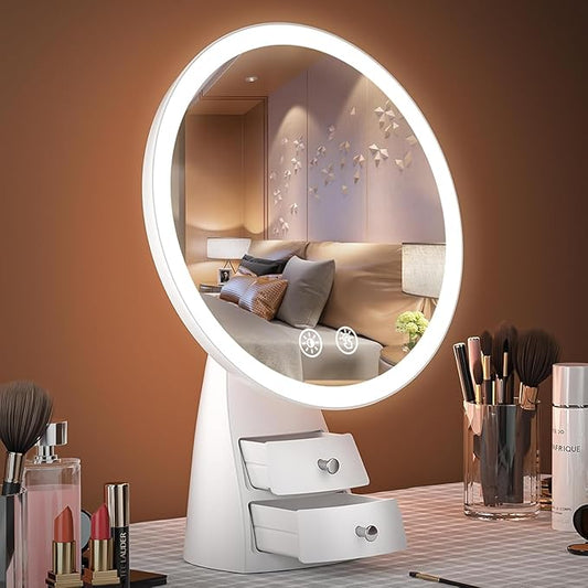 Makeup Mirror with Lights, Make Up Desk Mirror with Organizer, Rechargeable Touch Control 3 Color Lights and Adjustable Brightness, Lighted Vanity Mirror for Desk, Dresser Tabletop, Gifts for Women