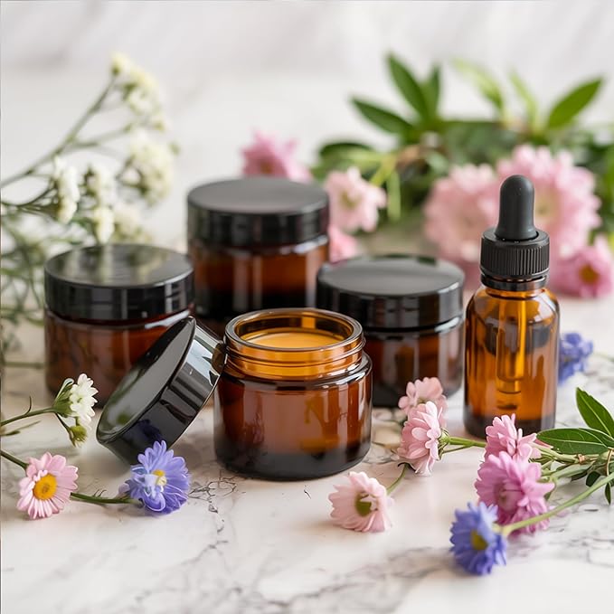 Amber 2oz Glass Jars with Lids - 24 Pack Leakproof Small Cosmetic Containers with Inner Liners, Wide-Round Smooth Mouth, Sealable for Creams, Lotions, Essential Oils, Body Butter, Travel Samples