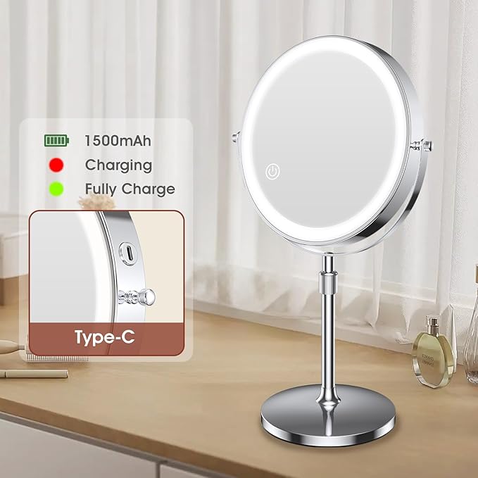 MILPROX 8 Inch Makeup Mirror with 10X Magnification & 3 Color Lights, Adjustable Brightness & Height, Rechargeable Double Sided 1X 10X Magnifying Mirror, Lighted Makeup Mirror Touch Sensor - Silver