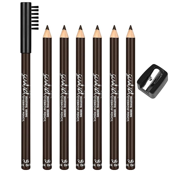 6Pcs Eyebrow pencil wooden，Brow Kit with Brush and Sharpener，Eyebrow Pencils for Women，Fine Tip Eye Brow Eye Liner for Eye Makeup,Shapes, Defines, Fills Brows (Dark Brown-04)