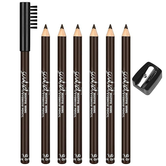 6Pcs Eyebrow pencil wooden，Brow Kit with Brush and Sharpener，Eyebrow Pencils for Women，Fine Tip Eye Brow Eye Liner for Eye Makeup,Shapes, Defines, Fills Brows (Dark Brown-04)