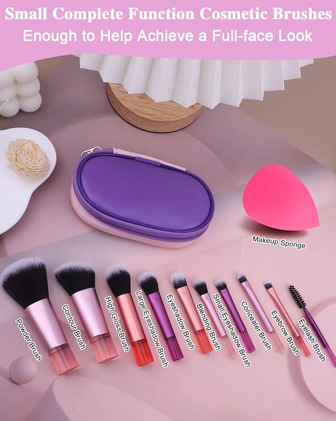 Mini Travel Makeup Brushes Set, 14 Pieces, Portable Full Complete Function Cosmetic Kit with Brush Pouch, On the Go Short Makeup Brush Small Travel Essentials for Women, Girls (Colorful)