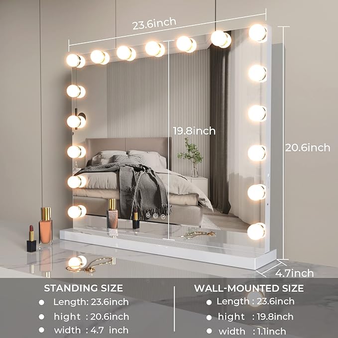 ZL ZELing ZELing Vanity Mirror Makeup Mirror with Lights,23.6" x 19.6"Large Tabletop Light up Mirror with 17Bulbs,10X Magnification,USB Charging Port,3 Color Touch Control Dimmable Lights.