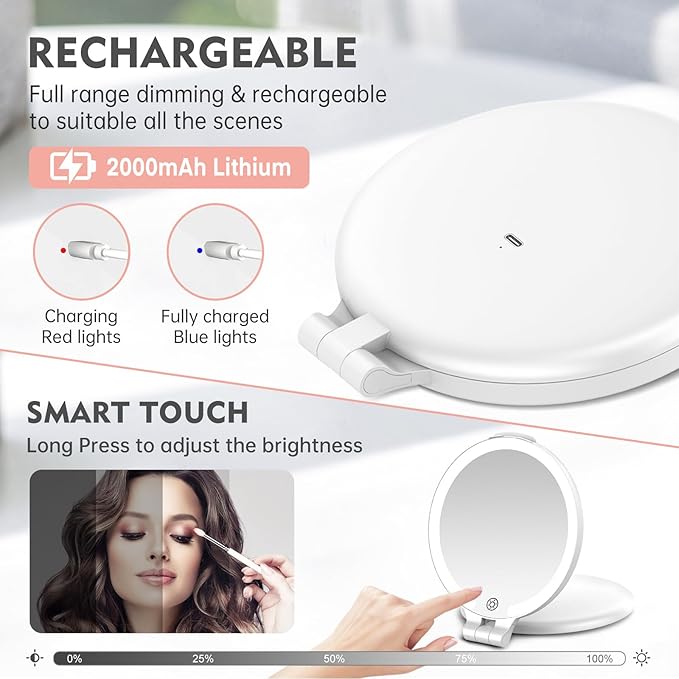 FUNTOUC Travel Mirror with Light, 1X/10X Double Sided Magnification Makeup Vanity Mirror with 3 Color Setting, Chargeable Foldable Portable Travel Essential Vanity Mirror with Bag