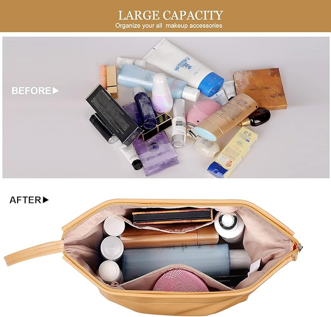 Abiudeng Large Capacity Makeup Bag Ladies Cosmetic Bag Travel Bag with Compartments Portable PU Leather Travel Makeup Bag with Handle