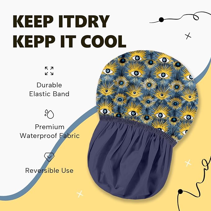 Years Calm Evil Eye Shower Caps for Women Reusable Waterproof, Pattern and Solid Color Dual-Layer Design, Hair Cap for Shower with Elastic Band, Fits Braids, Dreadlocks & Long Hair (Royal Blue)