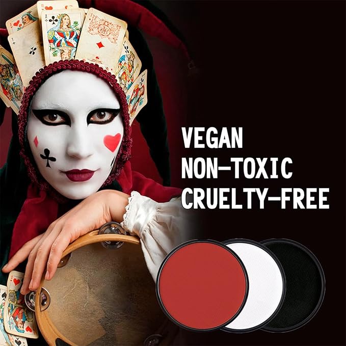 Black + White + Red Face Body Paint, Water-Based Face Painting Kit Professional, Large Capacity SFX Makeup Set with brush & Powder puff, Sponge for Halloween Makeup Clown, Cosplay, Stage