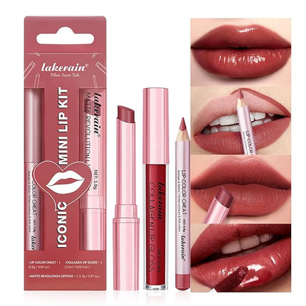 3PCS Lip Liner and Lipstick Combo Set - Matte Lip Liner Pencil, Velvet Matte Lipstick & Hydrating Collagen Lip Gloss - Long-Lasting, Smudge-Proof, High Pigment Nude Brown Lip Makeup Kit (#2 Red Rose)