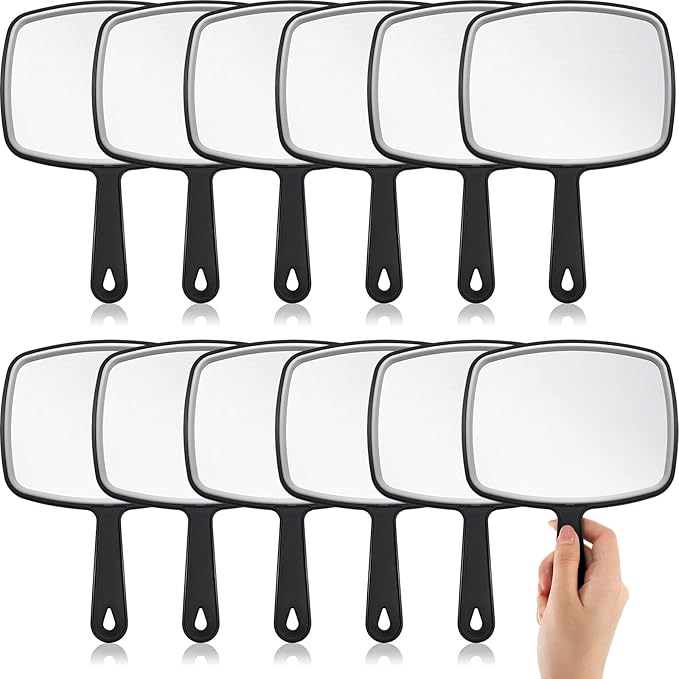 Geetery 12 Pcs Hand Held Mirrors with Handles Hand Makeup Mirrors Bulk Wall Mount for Women Cosmetic Bathroom Home Barber Salon Travel Portable Beauty School Gift, 6.69 x 9.45 Inch (Black)