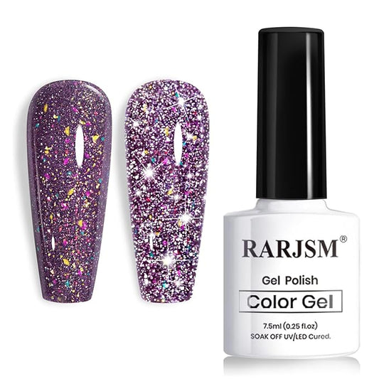 RARJSM Dark Purple Reflective Glitter Gel Nail Polish Holographic Rainbow Iridescent Sparkle Flash Diamond Shimmer LED UV Soak Off Gelpolish Nail Art Manicure Salon DIY at Home 1pcs 7.5ml