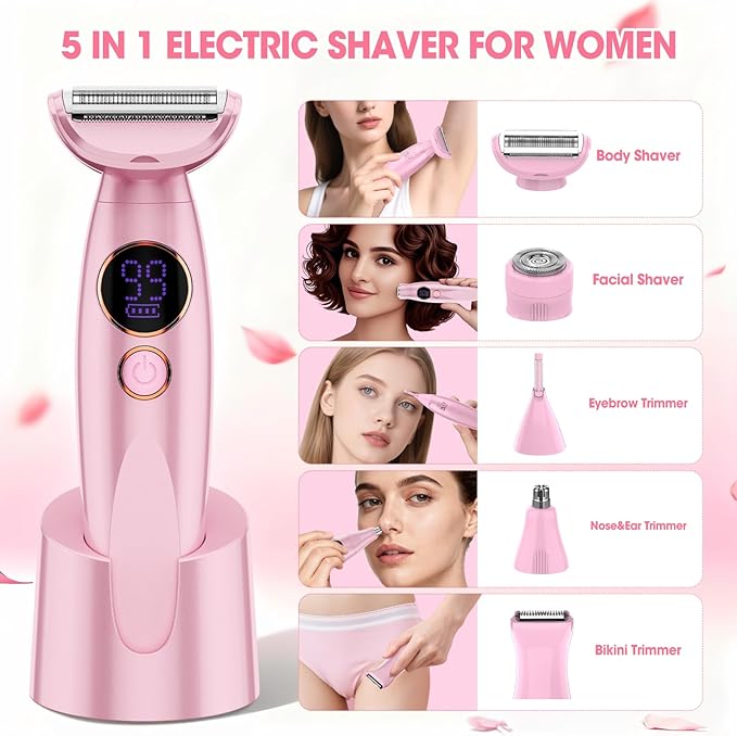 5 in 1 Bikini Trimmer for Women,IPX7 Waterproof Cordless Replaceable Pubic,Eyebrow,Facial Electric Razors&Nose Hair Trimmer&Painless Body Shaver for Arms Legs Underarms,USB Charge,LED Display,Wet&Dry