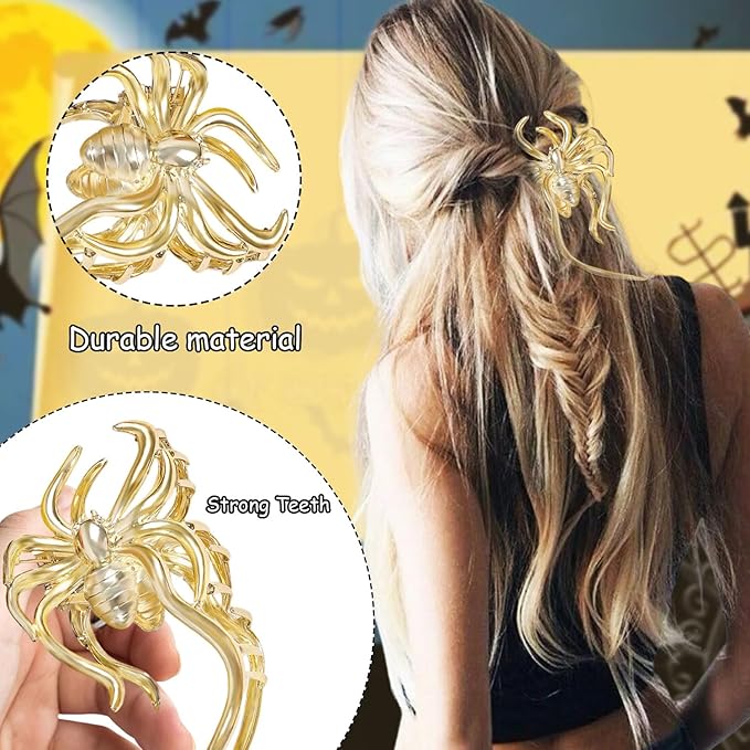 3 Pcs Halloween Claw Clips for Women, Gothic Hair Claws Metal Spider Big Jaw Clamps Hair Accessories for thick Hair Styling Tool Holiday Gifts(Golden)