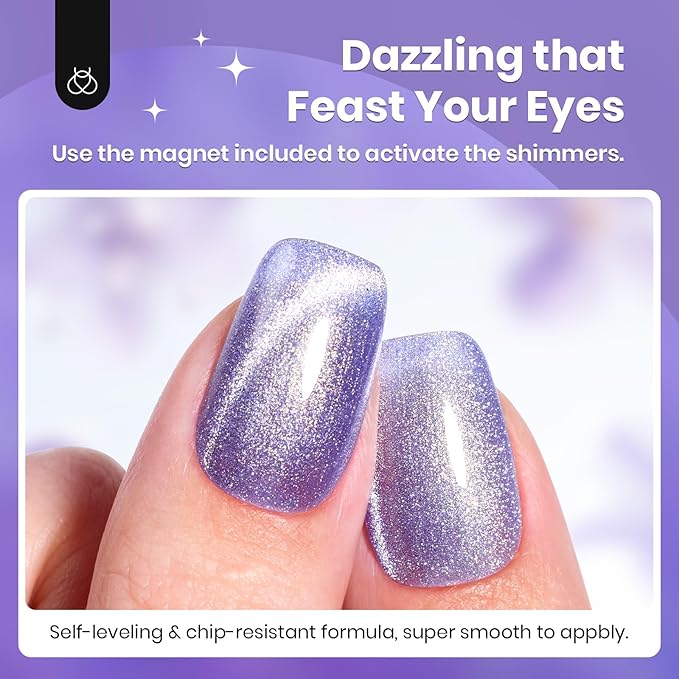 Beetles Purple Cat Eye Gel Polish, 15ML Purple Cat Eye Glitter Gel Polish with Magnet Soak Off UV Shimmer Velvet Gel Twilight Lavender Series French Nail Art Design Manicure Gifts for Women
