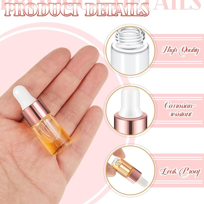 100 Pcs Mini Glass Oil Dropper Bottle Bulk, Clear Essential Small Empty Bottles Sample Containers Perfume Liquid Vials with Cap for Traveling (3 ml,Rose Gold)