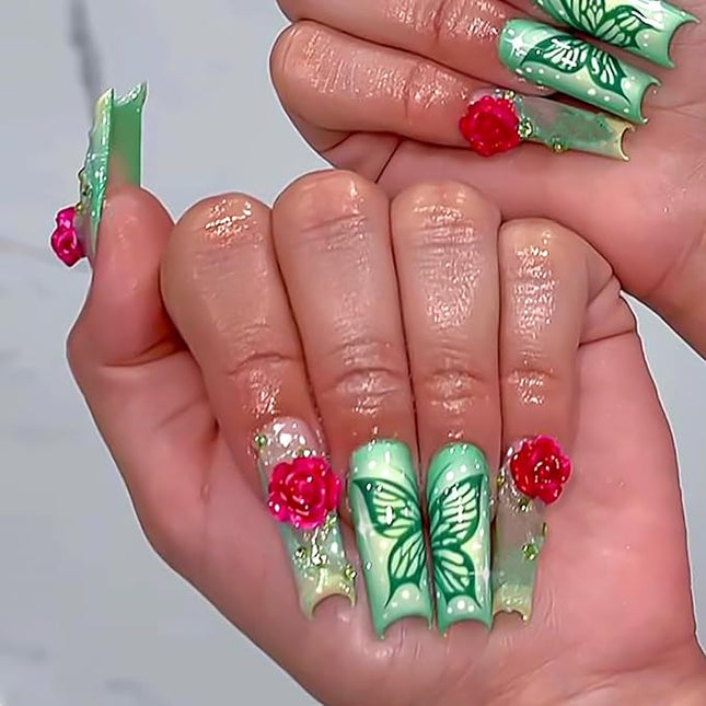 RUOKEXIN Square Press on Nails Long Fake Nails Green Sparkly Butterfly False Nails with 3D Rose Designs French Tip Nail Press ons Glossy Acrylic Artificial Nails for Women 24Pcs