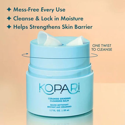Kopari Ceramide Grinding Cleansing Balm Face Cleanser & Makeup Remover with Ceramides, Vitamin E & Sea Buckthorn Oil, Moisturizing Twist-Up Balm for Sensitive, Dry, or Oily Skin, 1.7oz