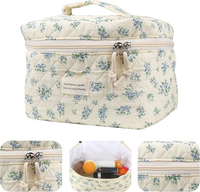 VIWIME Makeup Cosmetic Bag, Large Cotton Quilted Travel Coquette Aesthetic Cute Floral Make up Bag for Women Toiletry Bag Organizer(Blue Rose/4Pcs)