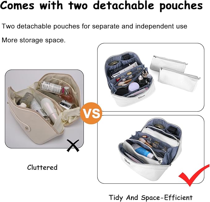 BOYATU Travel Makeup Bags Cosmetic Organizer Bag: 3-Set Large Capacity Make up Bag - PU Leather Toiletry Bags for Women - Wide Open Portable Pouch with Divider & Handle (02-White)