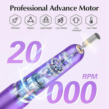 JIASHENG USB Electric Nail Drill, Portable Electric Nail File for Acrylic Gel Nails,Nail Drill Kit Manicure and Pedicure Kit with Nail Bits for Home and Salon Use,Dark Purple