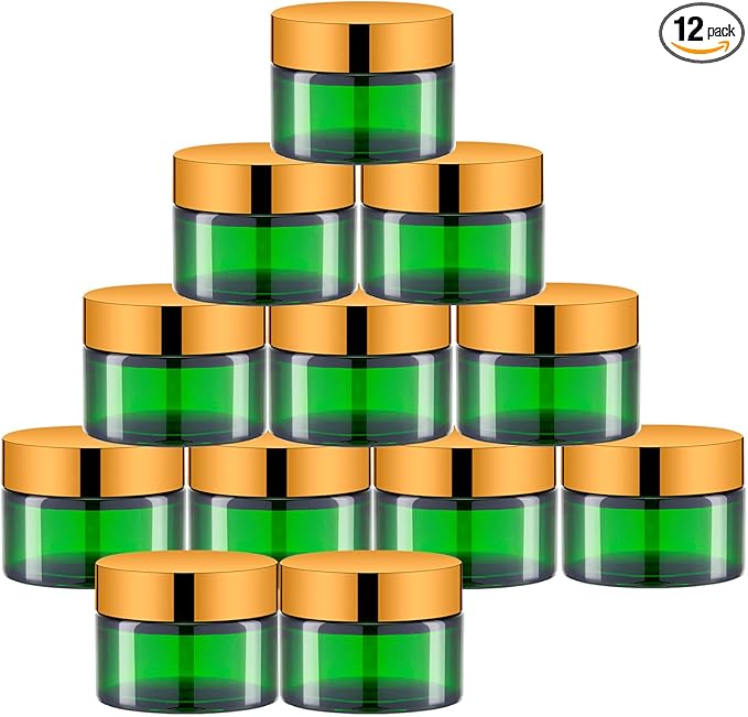 1 Oz Green Round Glass Jars with Gold Lid, Empty Glass Containers with Inner Liners, Refillable Cosmetic Vials for Cream, Lotion, Ointment (12 PCS)