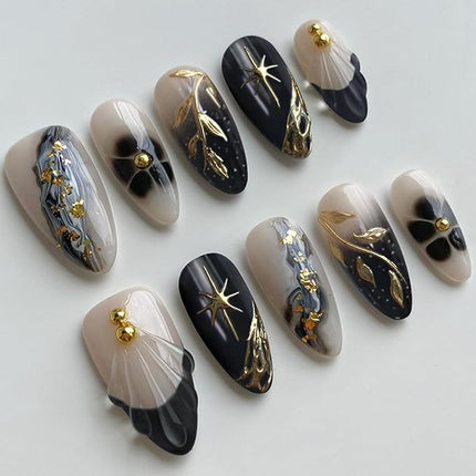 Almond Press on Nails Medium Fake Nails with 3D Leaves Gold Pearl Star Flower Designs French Tip Nails Press ons Black Glue on Nail Glossy Stick on Nail for Women 24 Pcs