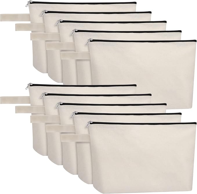 10 Pieces Cotton Canvas Makeup Bag with Bottom, Multi-Purpose Cosmetic Bag with Zipper Travel Toiletry Pouch, Blank DIY Craft Bag Pencil Bag (L, White) (MN-WB07)