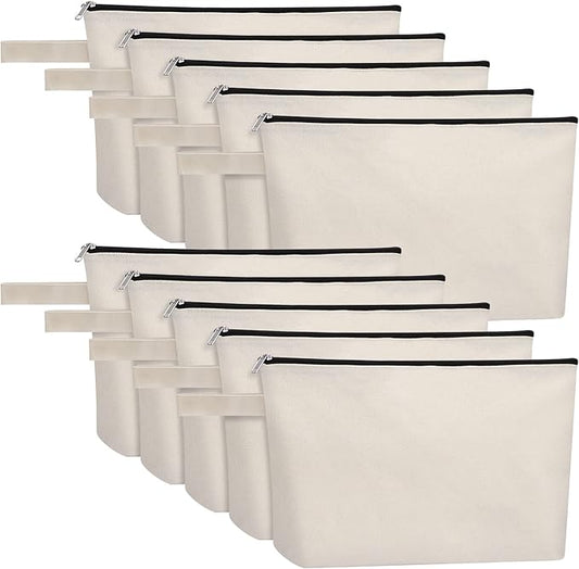 10 Pieces Cotton Canvas Makeup Bag with Bottom, Multi-Purpose Cosmetic Bag with Zipper Travel Toiletry Pouch, Blank DIY Craft Bag Pencil Bag (L, White) (MN-WB07)