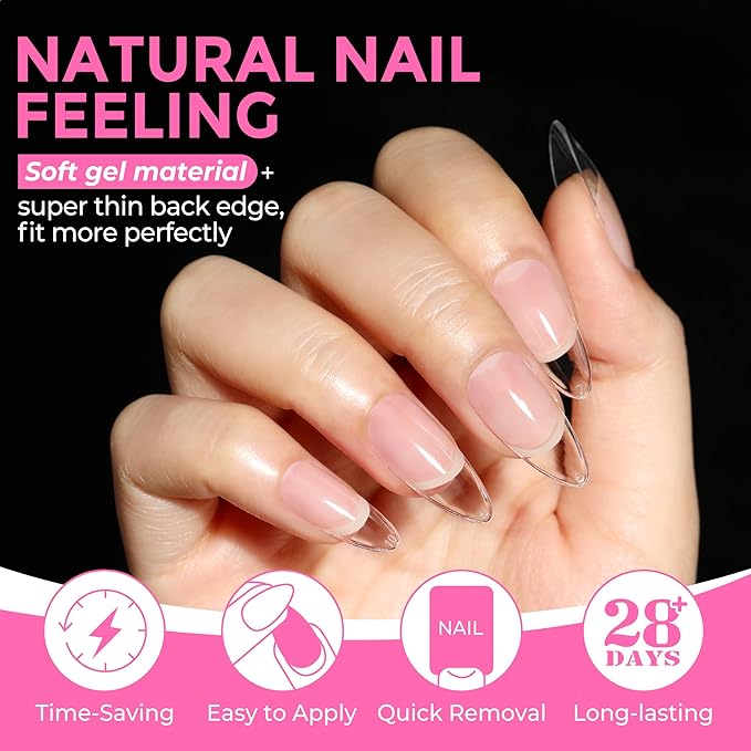 UNA GELLA Almond Nail Tips 216pcs Medium Almond Press on Nails Pre-shape Gel Fake Nails for Full Cover Acrylic French False Nails For Nail Extension, DIY Salon 12 Sizes Gelly Tips