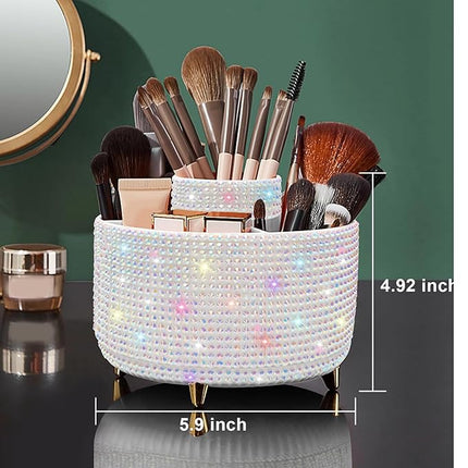 Diesisa Bling Diamond 360° Makeup Brush Holder Organizer, Rotating Makeup Brush Organizer,5 Slot Make up Brushes Cup for Cosmetics, Vanity Desktop Organizer, Gift for Women Teen Girls- Diamond White