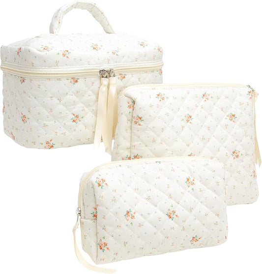 PAZIMIIK 3PCS Makeup Bag SET Large Travel Quilted Zipper Soft Cosmetic Case Pouch for Women Girls Make Up,Floral White