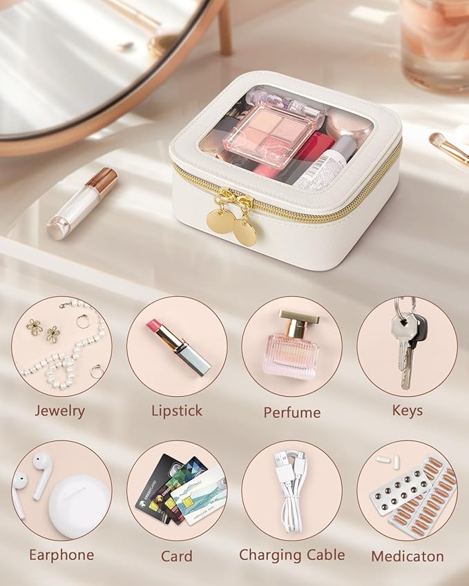 Mini Makeup Bag, Small Makeup Bag for Purse, Waterproof Clear Makeup bag, Leather Cosmetic Bag, Square Make Up Bag Pouch, Toiletry Bag for Travel, Car and Women, Beige