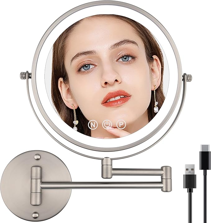 9" Wall Mounted Lighted Makeup Mirror with Magnification, 1X/10X Magnifying Mirror with Light, 3 Color LED Dimmable 2000mAh Rechargeable Light Up Magnifying Mirror Nickel Extendable