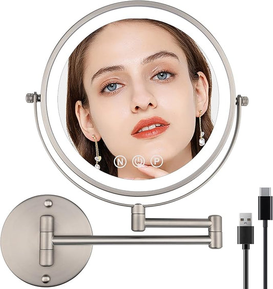 9" Wall Mounted Lighted Makeup Mirror with Magnification, 1X/10X Magnifying Mirror with Light, 3 Color LED Dimmable 2000mAh Rechargeable Light Up Magnifying Mirror Nickel Extendable