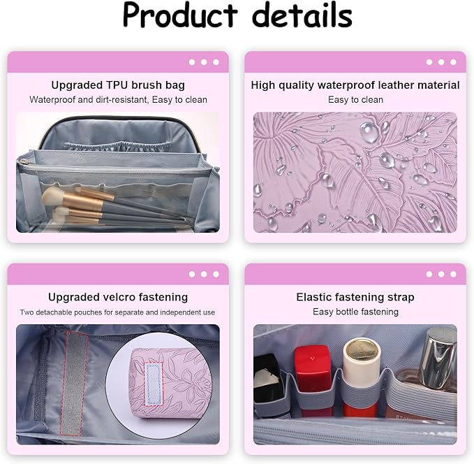 BOYATU Travel Makeup Bags Cosmetic Organizer Bag: 3-Set Large Capacity Make up Bag - PU Leather Toiletry Bags for Women - Wide Open Portable Pouch with Divider & Handle (01-Z-Light Purple)