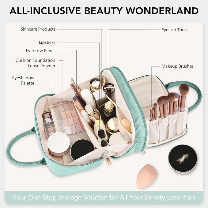 Travel Makeup Bag for Women Fashion Large Capacity Pouch Open Flat Cosmetic Portable Organizer Waterproof Large Opening Storage Toiletry Bags Vertical Free-Standing Brush Holder for Easy Access Blue